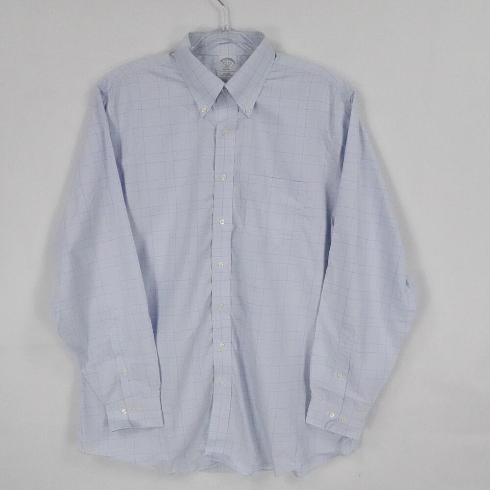 Brooks Brothers Shirt Mens 17.5‎ XL Blue Windowpane Plaid Regent Business Office